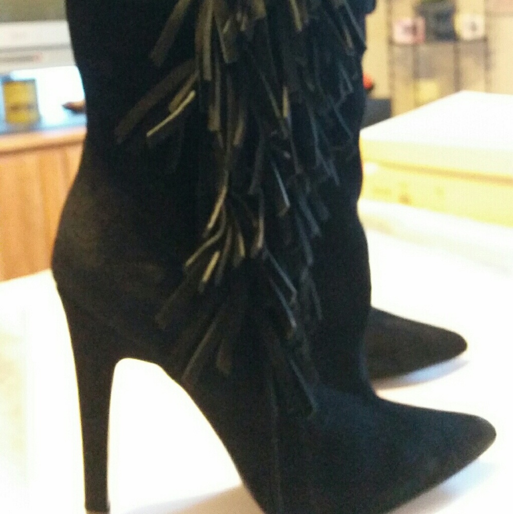 Sexy black fringe bootie boots